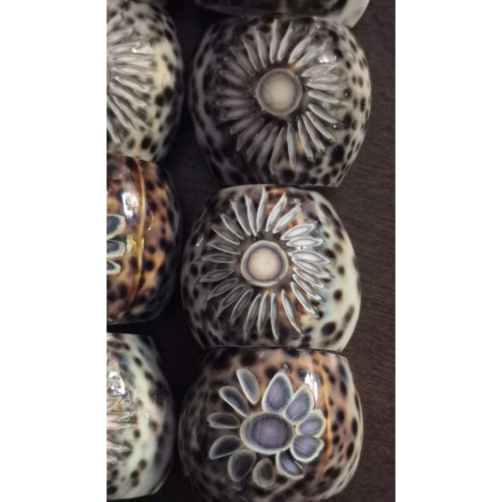 Set Of (12) 1iger Leopard Cowrie Shell Starburst Hand Carved Napkin Rings - Picture 3 of 9